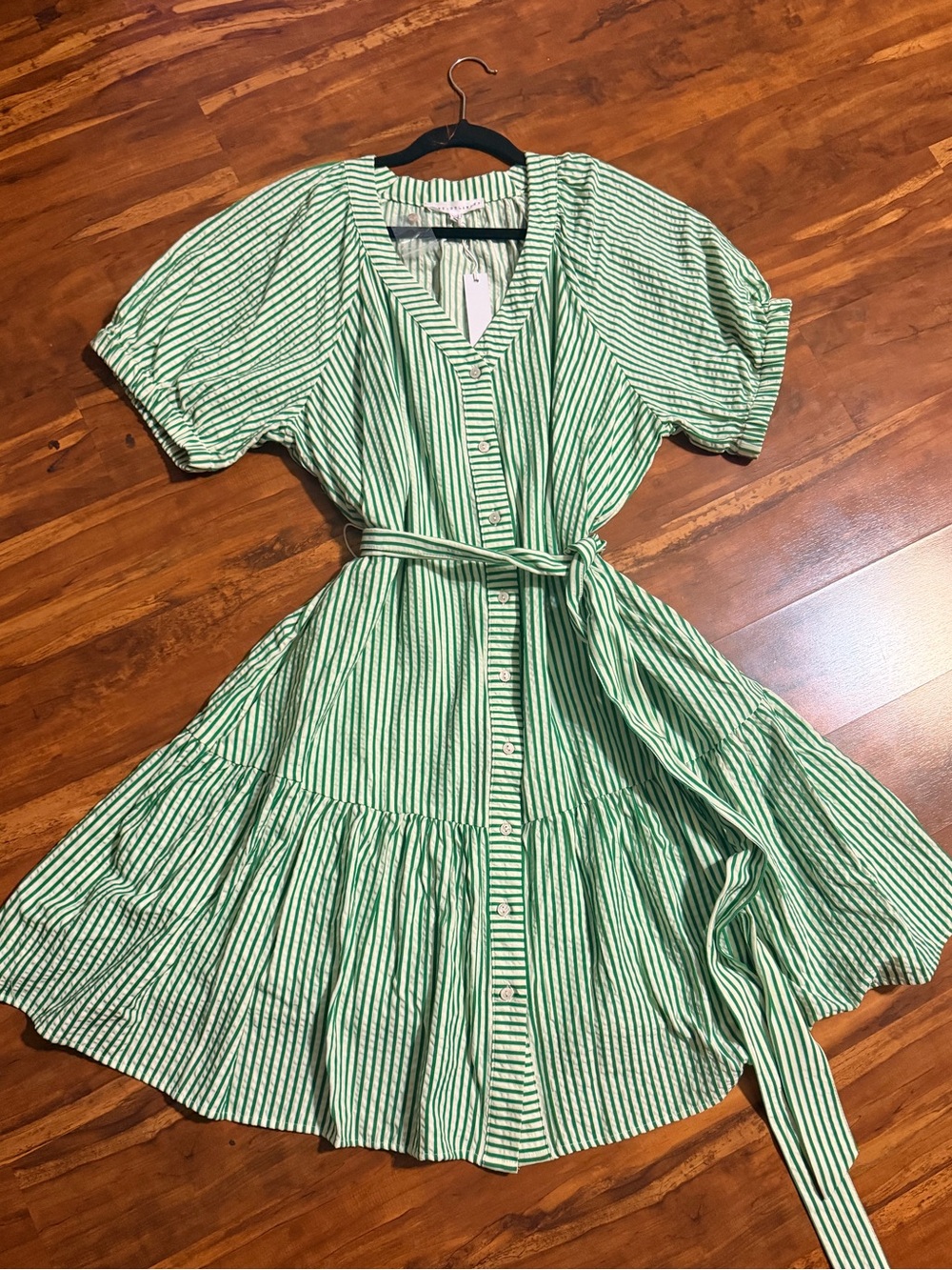 Green and White Striped Button-Front Dress with Tie Belt